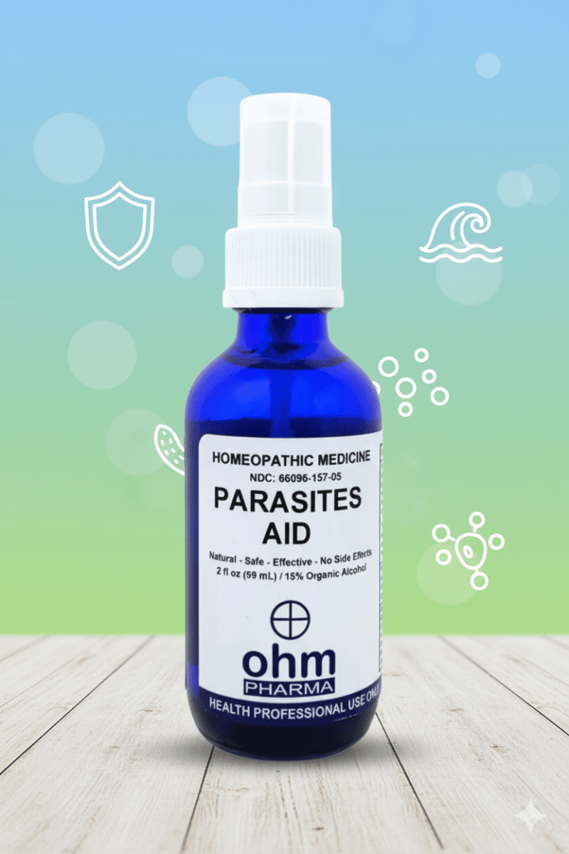 Frasco de spray homeopático Parasites de OHM Pharma para apoyar el bienestar digestivo y confort intestinal.