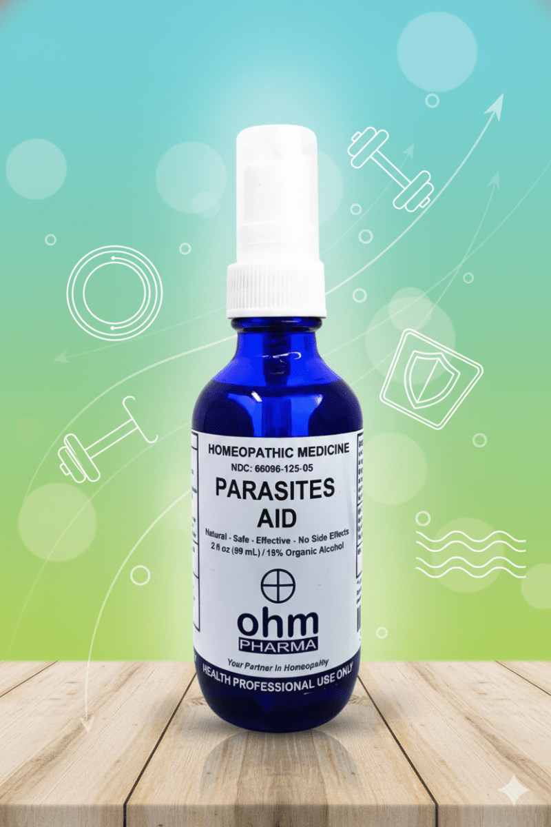 Frasco de spray homeopático Parasites de OHM Pharma para apoyar el bienestar digestivo y confort intestinal.