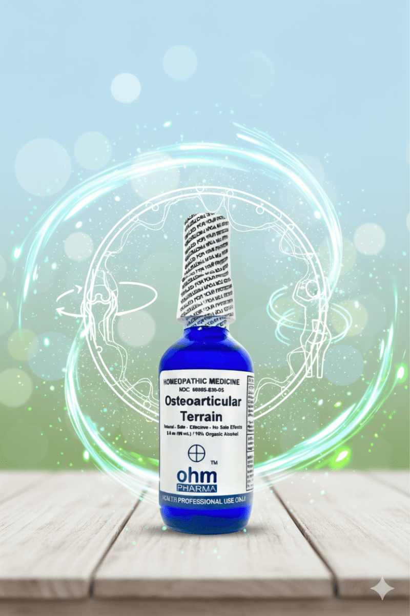 Frasco de spray homeopático Osteoarticular Terrain de OHM Pharma para apoyar la movilidad y confort articular.
