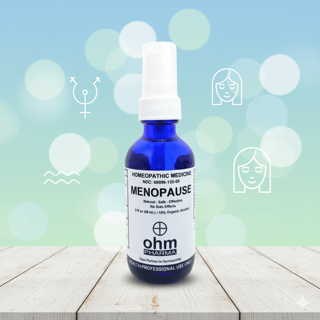 Frasco de spray homeopático Menopause de OHM Pharma para apoyar el bienestar y equilibrio femenino.