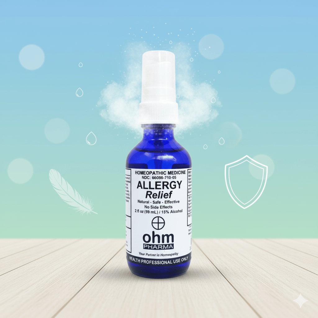 Frasco de spray homeopático Allergy Relief para alivio temporal de síntomas de alergia, rinitis y congestión.