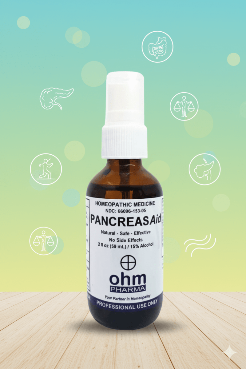 Frasco de spray homeopático Pancreas Aid de OHM Pharma para apoyar el equilibrio corporal y la vitalidad diaria.