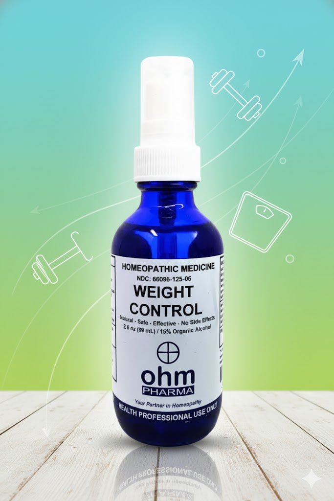 Frasco de spray homeopático Weight Control de OHM Pharma para apoyar hábitos saludables y el bienestar diario.