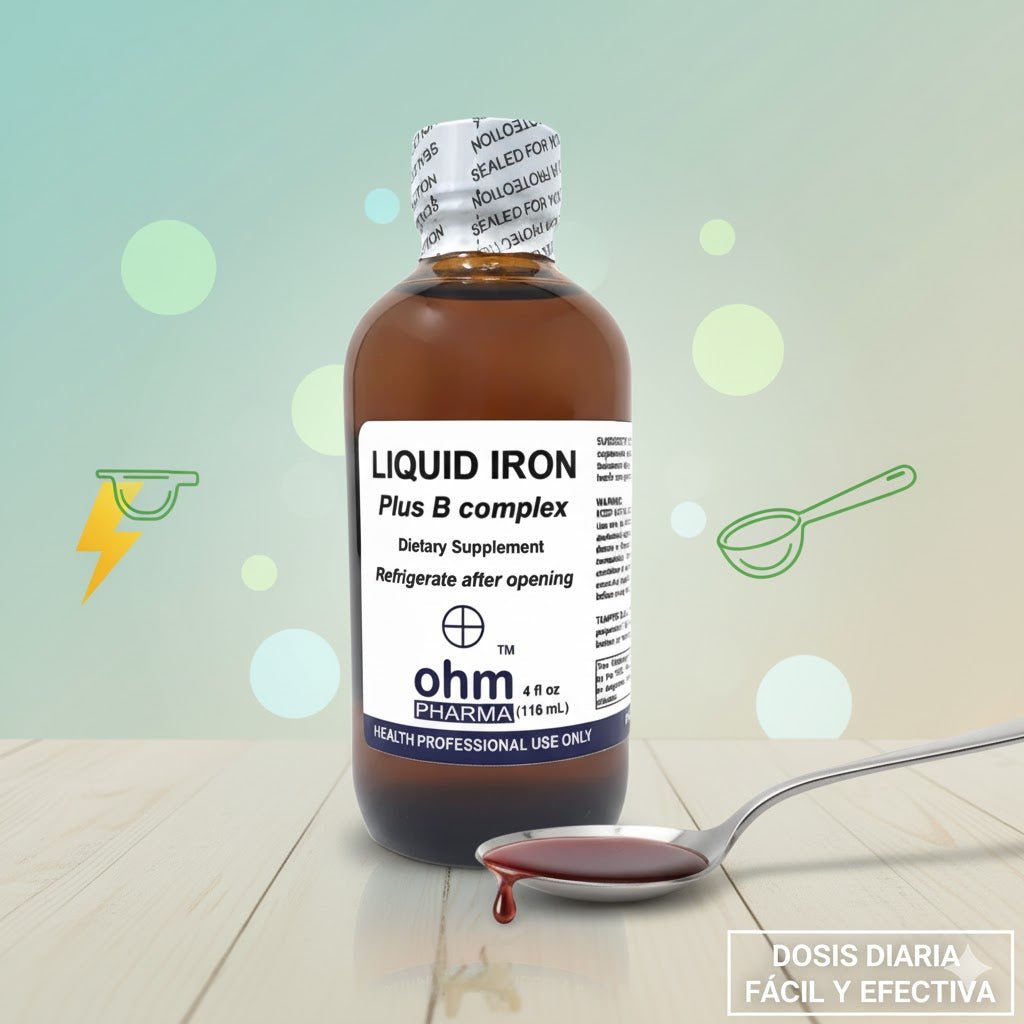 Frasco de suplemento Liquid Iron Plus B Complex de Ohm Pharma para energía y glóbulos rojos, con cuchara dosificadora.