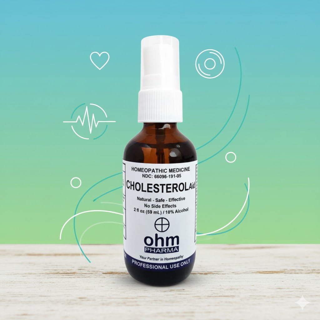 Frasco de spray homeopático Cholesterol Aid para alivio temporal de malestares asociados al metabolismo hepático.